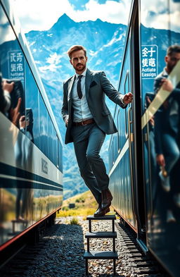 A man confidently descending from a high-speed train, wearing a sharp suit on the upper part and rugged hiking gear on the lower half