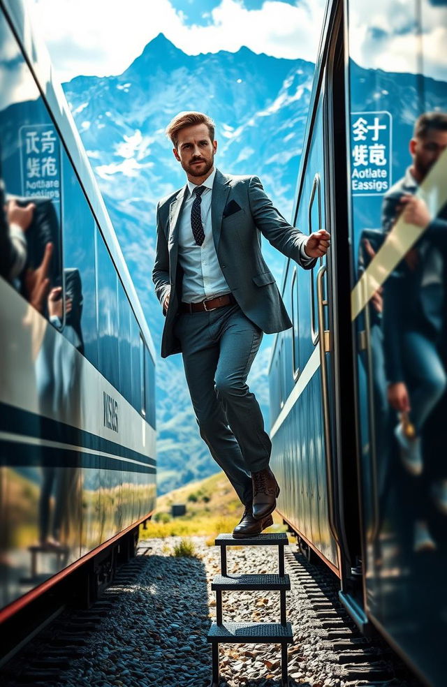 A man confidently descending from a high-speed train, wearing a sharp suit on the upper part and rugged hiking gear on the lower half