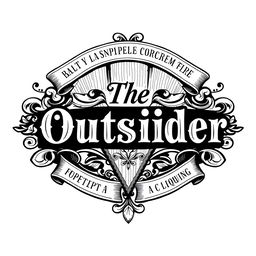 An intricate black and white logo design featuring the text "The Outsider" prominently in a decorative, vintage style