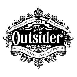 An intricate black and white logo design featuring the text "The Outsider" prominently in a decorative, vintage style