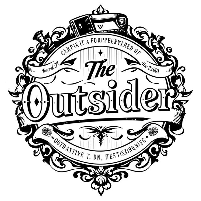 An intricate black and white logo design featuring the text "The Outsider" prominently in a decorative, vintage style