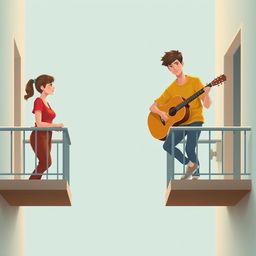 Digital artwork of a young man and woman on adjacent opposite balconies with a long space between them, set against a soft teal background
