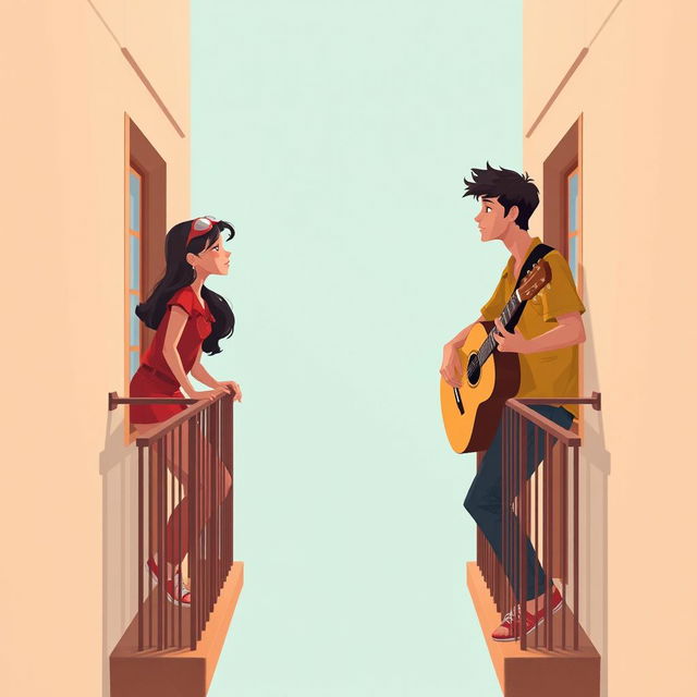 Digital artwork of a young man and woman on adjacent opposite balconies with a long space between them, set against a soft teal background