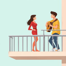 Digital artwork of a young man and woman on adjacent opposite balconies with a long space between them, set against a soft teal background