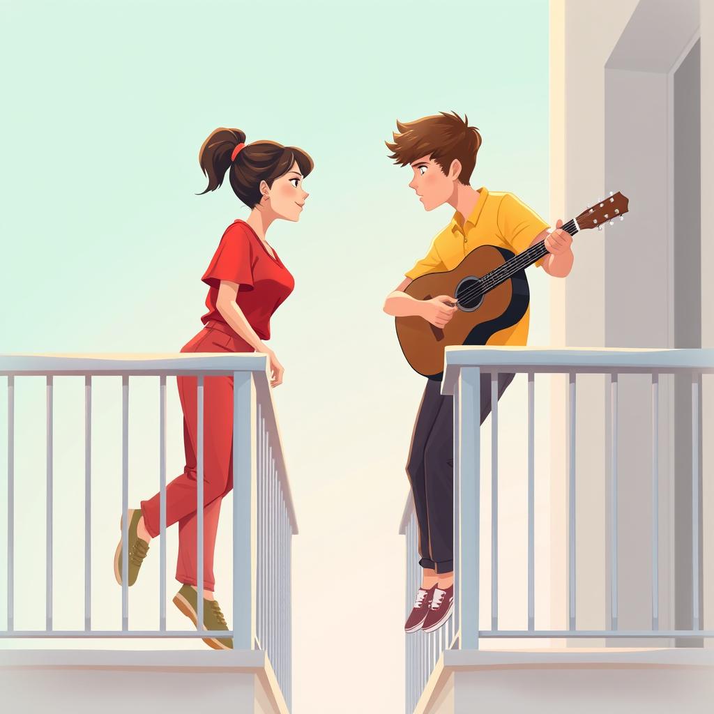 Digital artwork of a young man and woman on adjacent opposite balconies with a long space between them, set against a soft teal background