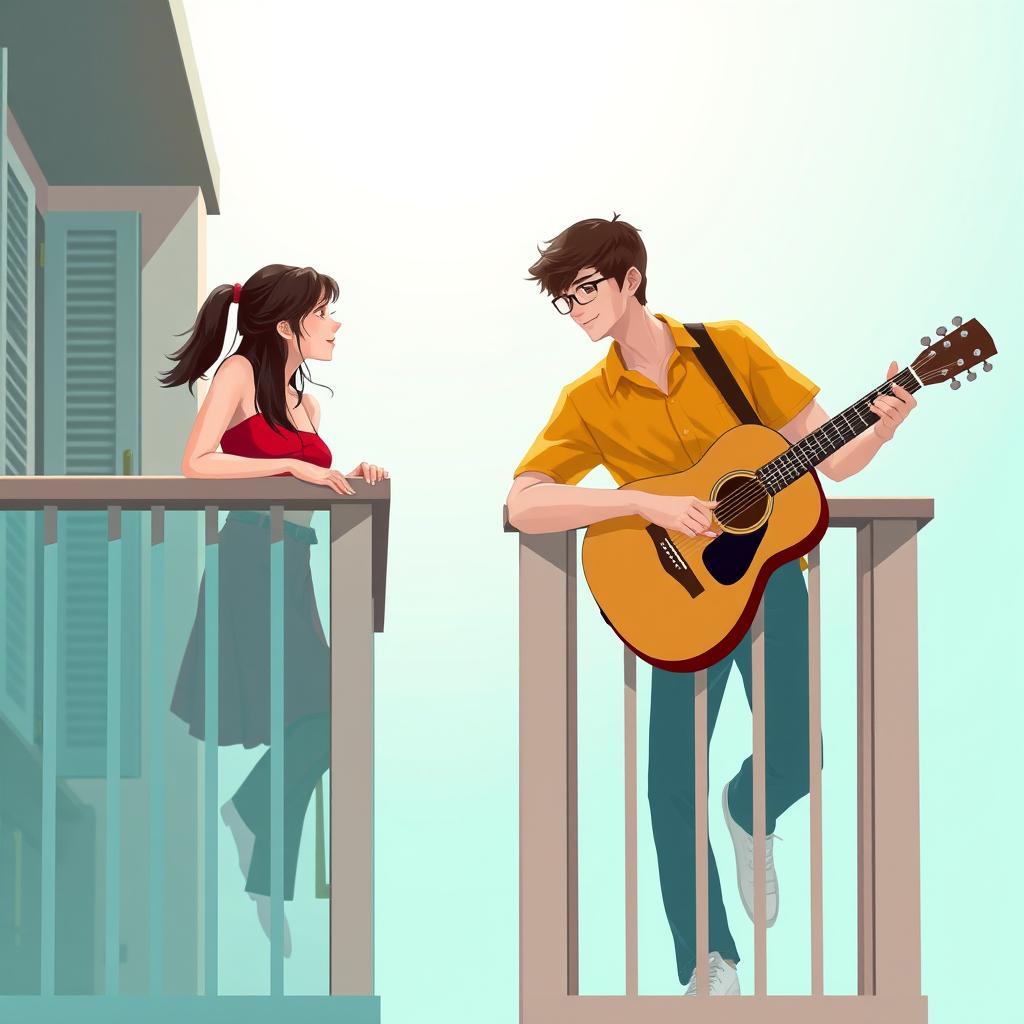 Digital artwork of a young man and woman on adjacent opposite balconies with a vast open space between them, set against a soft teal background