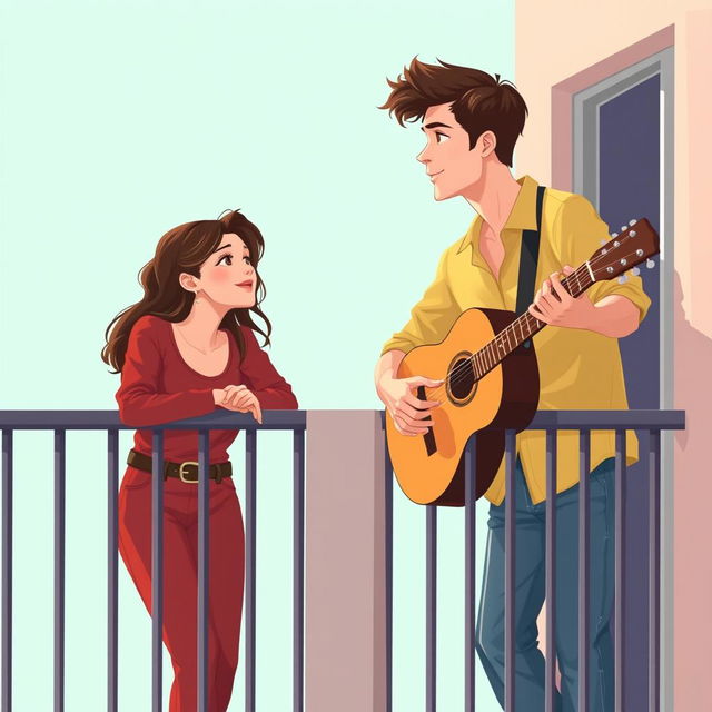 Digital artwork of a young man and woman on adjacent opposite balconies with a vast open space between them, set against a soft teal background