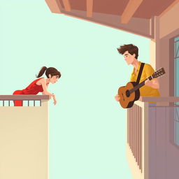 Digital artwork of a young man and woman on adjacent opposite balconies with a vast open space between them, set against a soft teal background