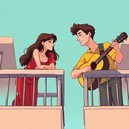 Digital artwork of a young man and woman on adjacent opposite balconies with a vast open space between them, set against a soft teal background