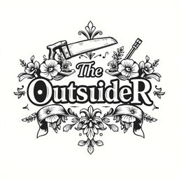 An intricate black and white logo design featuring the text "The OutsideR" prominently in a decorative, vintage style similar to the provided inspiration