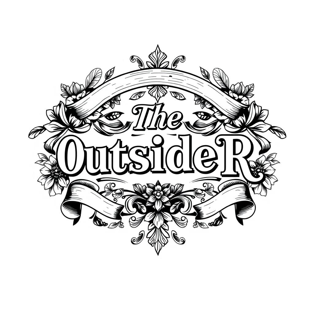 An intricate black and white logo design featuring the text "The OutsideR" prominently in a decorative, vintage style similar to the provided inspiration