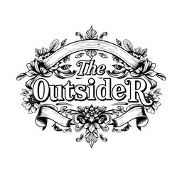 An intricate black and white logo design featuring the text "The OutsideR" prominently in a decorative, vintage style similar to the provided inspiration