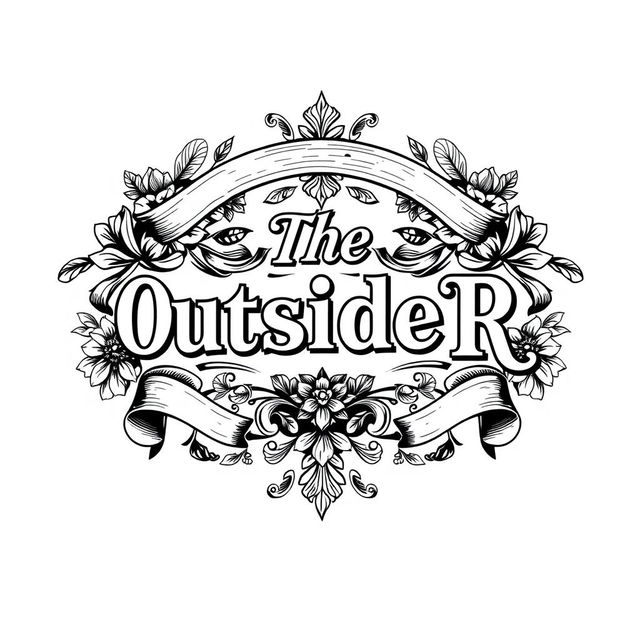 An intricate black and white logo design featuring the text "The OutsideR" prominently in a decorative, vintage style similar to the provided inspiration