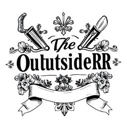 An intricate black and white logo design featuring the text "The OutsideR" prominently in a decorative, vintage style similar to the provided inspiration