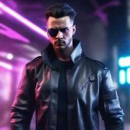 Create a hyper-realistic, 4K HD image of a handsome man in cyberpunk attire. He's a gunner, his looks both cool and poised.