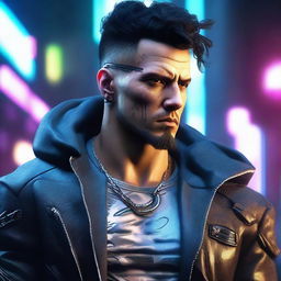 Create a hyper-realistic, 4K HD image of a handsome man in cyberpunk attire. He's a gunner, his looks both cool and poised.