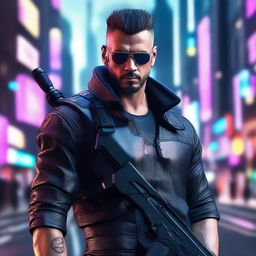 Create a hyper-realistic, 4K HD image of a handsome man in cyberpunk attire. He's a gunner, his looks both cool and poised.