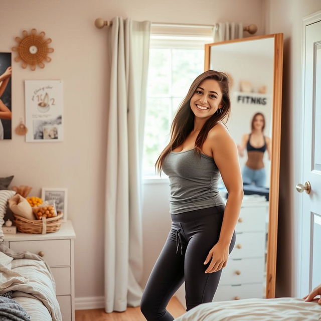 A young woman in her early twenties, with a cheerful expression, standing in front of a full-length mirror in a cozy bedroom