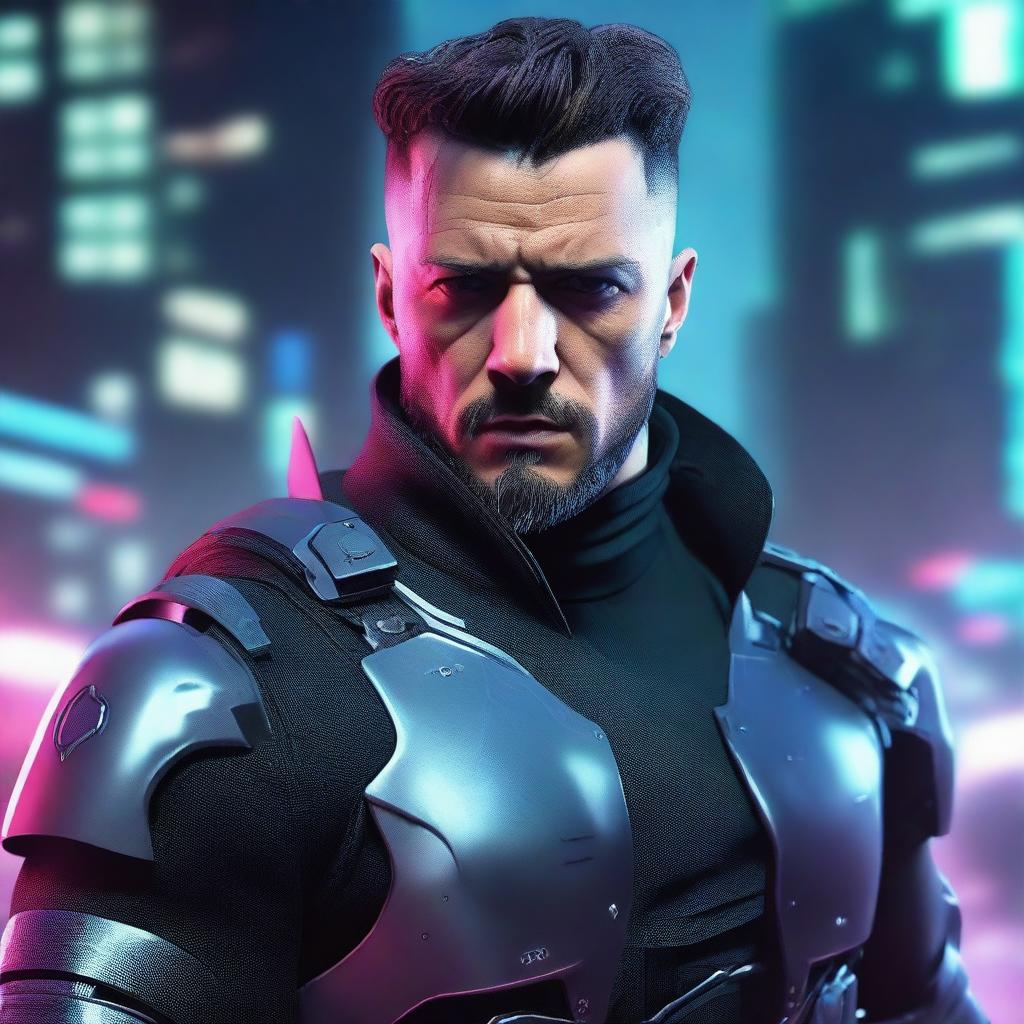 Create a hyper-realistic, 4K HD image of a handsome man in cyberpunk attire. He's a gunner, his looks both cool and poised.