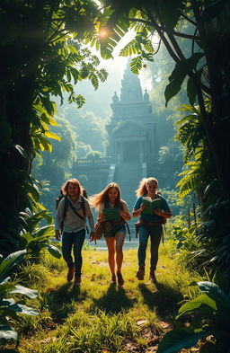 A captivating scene depicting five adventurous friends embarking on a thrilling journey through a lush jungle in search of a legendary lost temple
