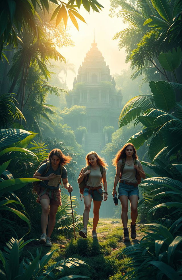 A captivating scene depicting five adventurous friends embarking on a thrilling journey through a lush jungle in search of a legendary lost temple