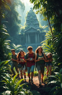 A captivating scene depicting five adventurous friends embarking on a thrilling journey through a lush jungle in search of a legendary lost temple