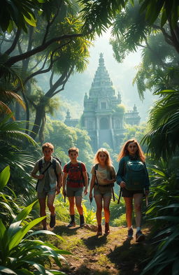 A captivating scene depicting five adventurous friends embarking on a thrilling journey through a lush jungle in search of a legendary lost temple