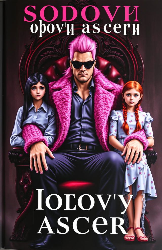 A book cover for "Розовый айсберг" featuring a tall, muscular man sitting on a vampire throne