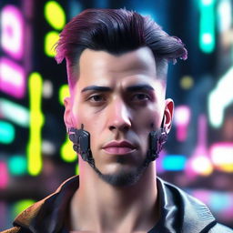 Generate a hyper-realistic, 4K image of a very cool and handsome man adorned in cyberpunk fashion.