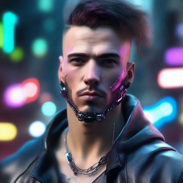 Generate a hyper-realistic, 4K image of a very cool and handsome man adorned in cyberpunk fashion.