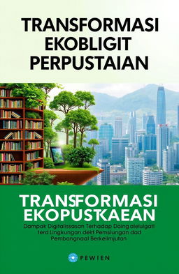 A book cover design titled 'Transformasi Ekologi Perpustakaan: Dampak Digitalisasi Terhadap Lingkungan dan Pembangunan Berkelanjutan'