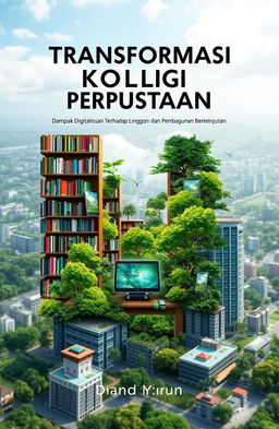 A book cover design titled 'Transformasi Ekologi Perpustakaan: Dampak Digitalisasi Terhadap Lingkungan dan Pembangunan Berkelanjutan'