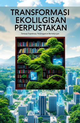 A book cover design titled 'Transformasi Ekologi Perpustakaan: Dampak Digitalisasi Terhadap Lingkungan dan Pembangunan Berkelanjutan'