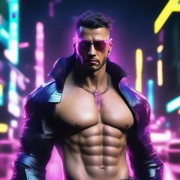 Generate a hyper-realistic, 4K image of a very cool and handsome man adorned in cyberpunk fashion.