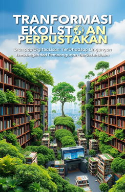 A book cover design titled 'Transformasi Ekologi Perpustakaan: Dampak Digitalisasi Terhadap Lingkungan dan Pembangunan Berkelanjutan'