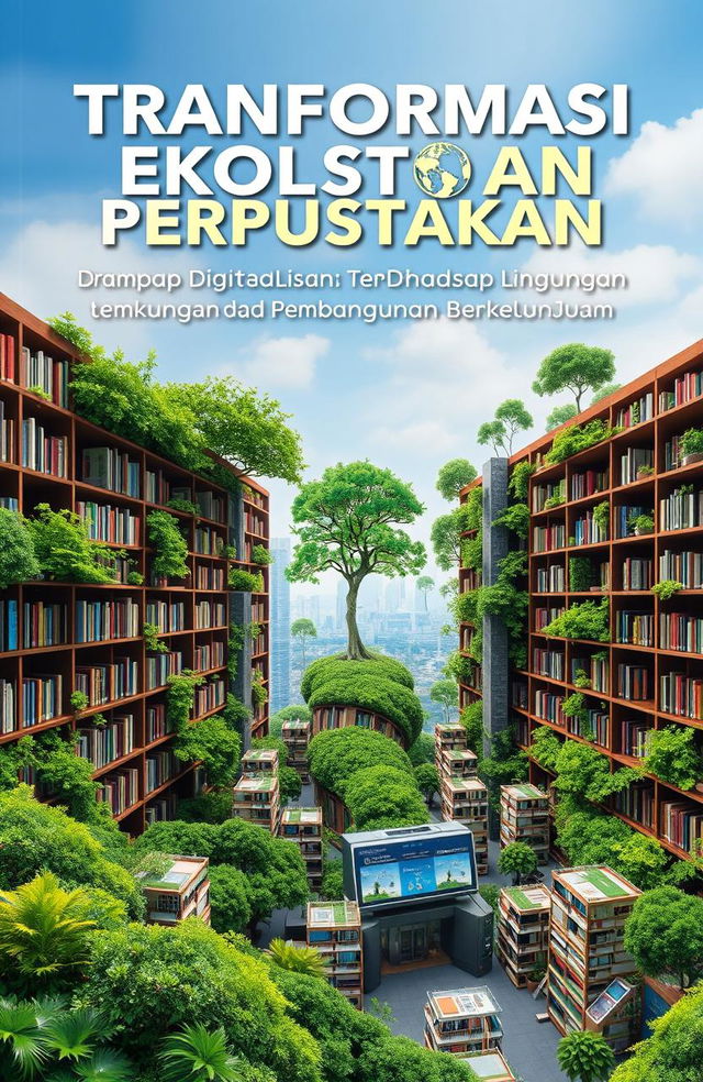 A book cover design titled 'Transformasi Ekologi Perpustakaan: Dampak Digitalisasi Terhadap Lingkungan dan Pembangunan Berkelanjutan'