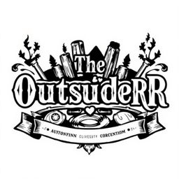 An intricate black and white logo design featuring the text "The OutsideR" presented in an Old West style serif font