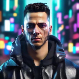 Generate a hyper-realistic, 4K image of a very cool and handsome man adorned in cyberpunk fashion.