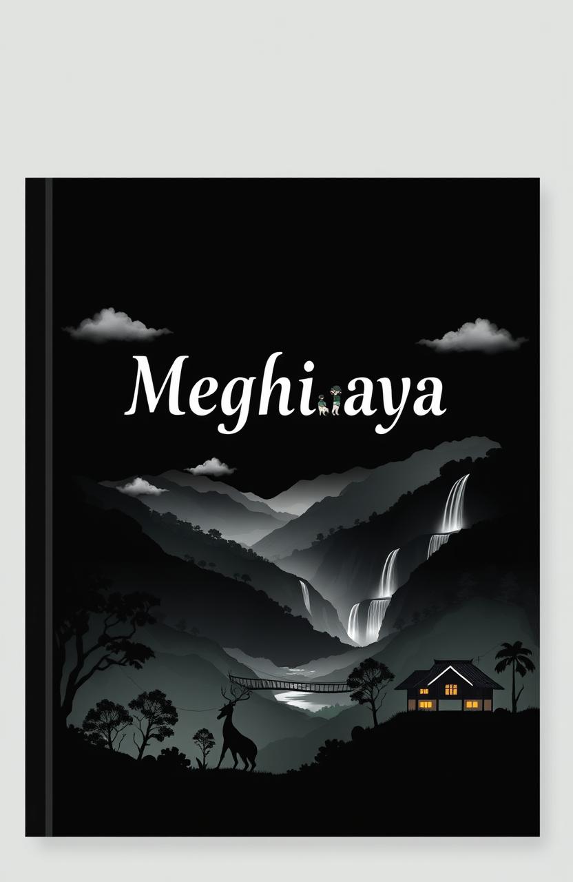 A striking black cover design for a project focused on Meghalaya, showcasing the lush forests, iconic living root bridges, and vibrant tribal culture