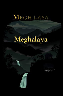 A striking black cover design for a project focused on Meghalaya, showcasing the lush forests, iconic living root bridges, and vibrant tribal culture