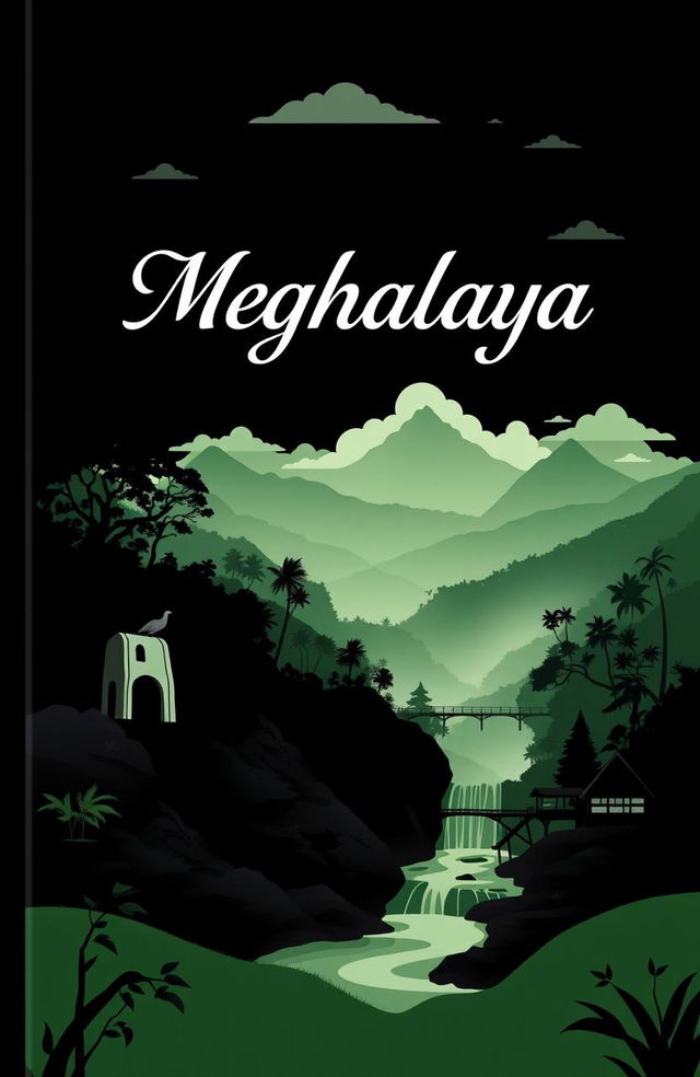 A striking black cover design for a project focused on Meghalaya, showcasing the lush forests, iconic living root bridges, and vibrant tribal culture