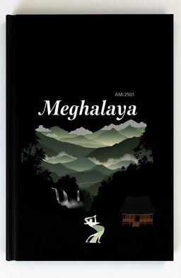 A striking black cover design for a project focused on Meghalaya, showcasing the lush forests, iconic living root bridges, and vibrant tribal culture
