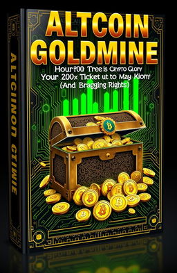 A hyperrealistic book cover design with a luxurious crypto theme titled "Altcoin Goldmine" in large, shiny gold letters at the top