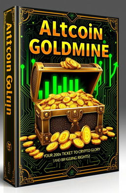 A hyperrealistic book cover design with a luxurious crypto theme titled "Altcoin Goldmine" in large, shiny gold letters at the top
