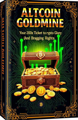 A hyperrealistic book cover design with a luxurious crypto theme titled "Altcoin Goldmine" in large, shiny gold letters at the top