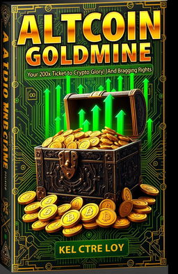 A hyperrealistic book cover design with a luxurious crypto theme titled "Altcoin Goldmine" in large, shiny gold letters at the top