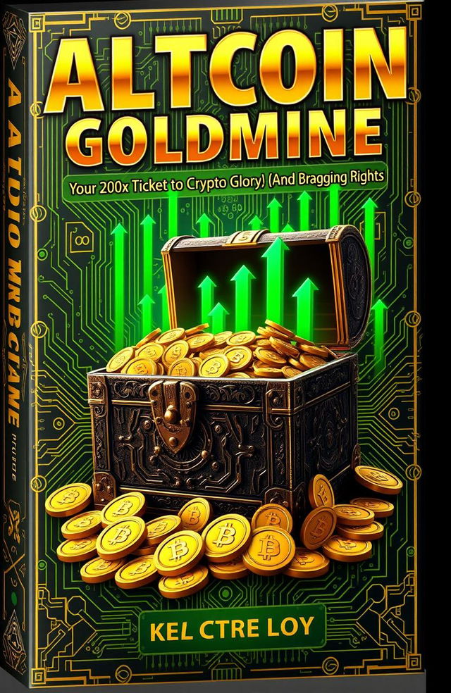 A hyperrealistic book cover design with a luxurious crypto theme titled "Altcoin Goldmine" in large, shiny gold letters at the top