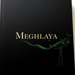 A sophisticated black cover design for a project centered around Meghalaya, featuring a minimalist yet impactful aesthetic