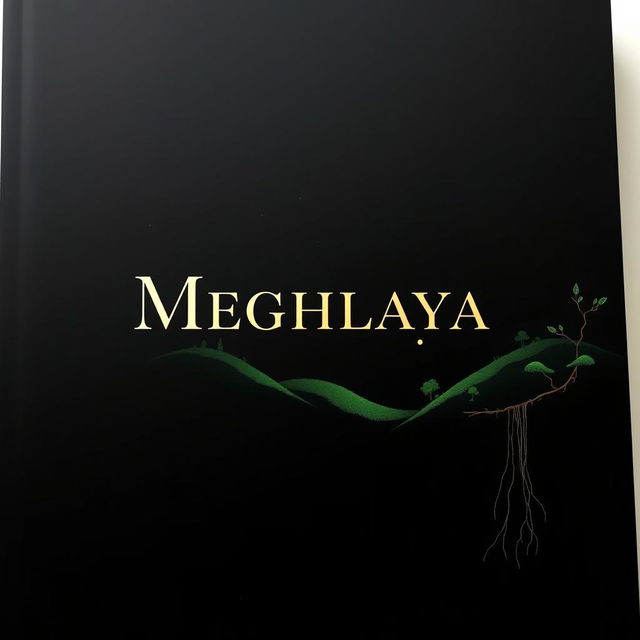 A sophisticated black cover design for a project centered around Meghalaya, featuring a minimalist yet impactful aesthetic