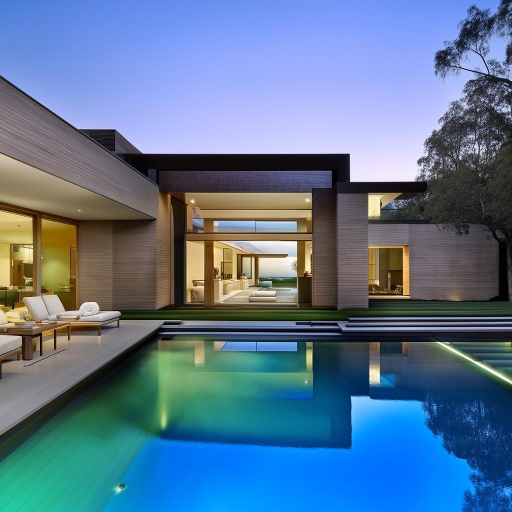 A luxurious mansion with a modern touch. Showcasing sleek design, minimalist architecture, expansive glass walls overlooking manicured lawns and a swimming pool.